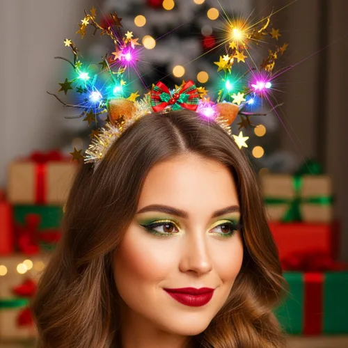 Vista 3 de CASDRE Diadema de Navidad iluminada, diadema de cornamenta de reno dorado, accesorios para el cabello con lazo de Navidad para mujer