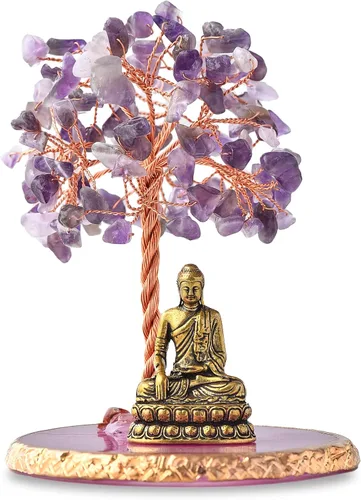 Vista 3 de Estatua de Buda con Árbol de Cristal Sanador, Árbol de la Vida para Energía Positiva. Decoración del Hogar para Yoga y Meditación. Amatista.(A)