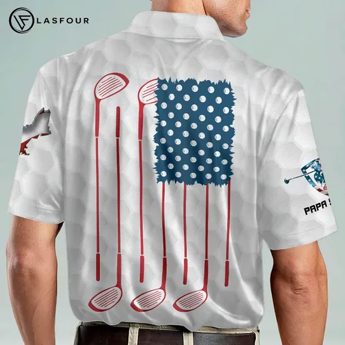 Vista 5 de LASFOUR Polo de golf divertido personalizado para hombre con bandera americana polo de golf orgulloso patriótico 3D para hombre