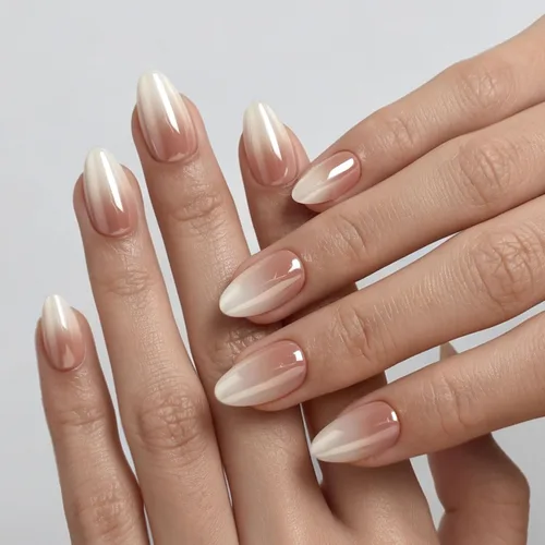 Vista 19 de Uñas cortas a presión de almendra, uñas con purpurina rosa degradado 3H-rosa con purpurina
