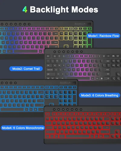 Vista 2 de EDJO Combo de teclado y mouse inalámbricos, 10 efectos retroiluminados, teclado USB recargable de tamaño completo silencioso de 2.4 GHz con 6 negro