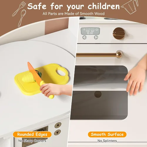 Vista 7 de Juego de cocina de esquina de madera para niños, cocina de juego grande con fregadero con agua corriente, estufa con luz y sonido, máquina de hielo