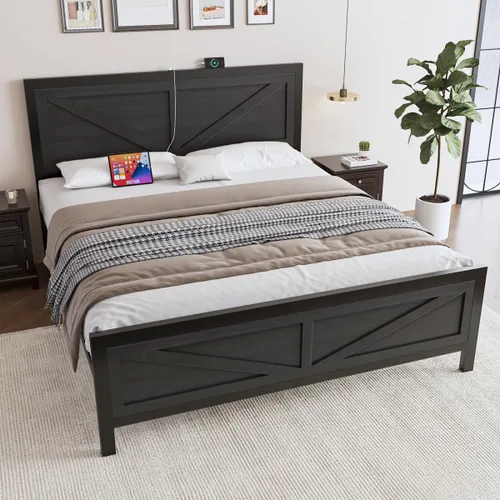 Vista 7 de DOGIBIXO Marco de cama tamaño completo con luces LED y carga USB, marco de cama de plataforma industrial con cabecera de puerta de granero