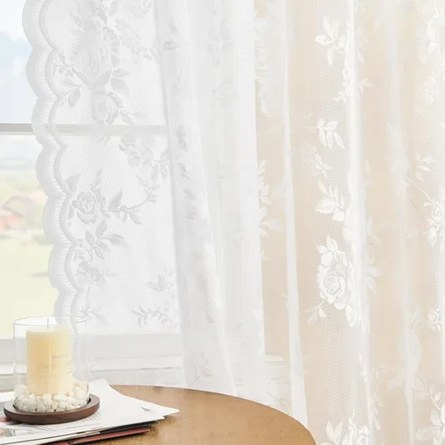 Vista 53 de Cortinas de encaje beige, juego de 2 paneles de cortinas traslúcidas con bolsillo para cortinero, decoración de ventana pequeña, baño, sótano