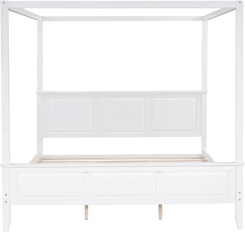 Vista 7 de Harper & Bright Designs Cama con dosel tamaño King con cabecera y estribo, cama de plataforma de madera con soporte de listones, tamaño King