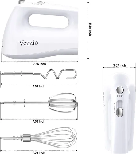 Vista 4 de Vezzio - Batidora de mano eléctrica, batidora de mano de cocina de 5 velocidades con botón de expulsión, 5 accesorios de acero inoxidable