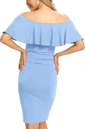 Vista 5 de AONESX Vestido de maternidad ajustado con volantes y hombros descubiertos, vestido de embarazo formal para baby showerfotografía
