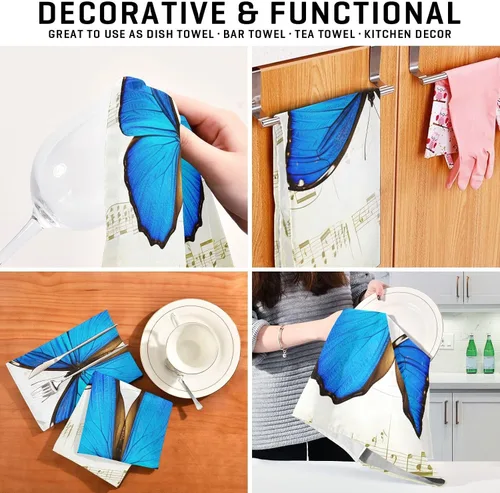 Vista 7 de Toalla de secado de cocina con notas musicales retro de mariposa azul, 28 x 18 pulgadas, toallas de cocina absorbentes decorativas