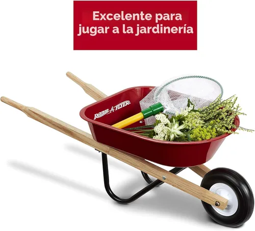 Vista 2 de Radio Flyer Carretilla roja para niños, juguete al aire libre, carrito de jardín para niños, herramienta, equipo de juego de patio para niños