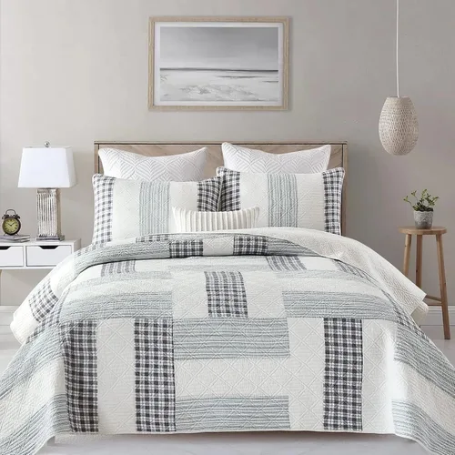 Vista 8 de Finlonte Colchas tamaño Queen 100% algodón, ligero y suave, edredón de retazos reales a cuadros, colcha acolchada, marrón, beige, gris, reversible