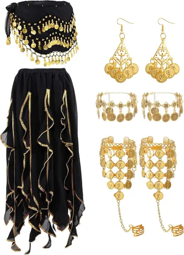 Vista 22 de Haysandy Conjunto de 8 piezas de danza del vientre para mujer, falda de danza del vientre, bufanda de cadera, 2 pulseras, aretes, pulsera de tobillo