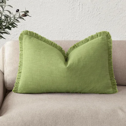 Vista 64 de Foindtower Fundas de almohada decorativas de lino con flecos, acogedora funda de cojín bohemia estilo farmhouse con borlas, funda de almohada