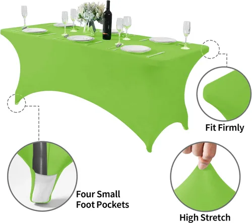 Vista 5 de Mantel de elastano para mesa de 6, 4 o 8 pies, universal, ajustable, para fiestas, banquetes, bodas y eventos, color verde manzana