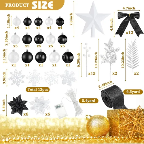 Vista 3 de Poen Juego de 108 adornos para árbol de Navidad, incluye bolas para árbol navideño, flor de pascua con purpurina, lazos, bayas, tallos, hojas, copos