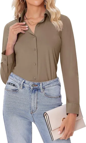 Vista 20 de siliteelon Camisas con botones para mujer, ajustadas, de manga larga, elásticas, de vestir, camisas de trabajo, sin arrugas, blusas de oficina