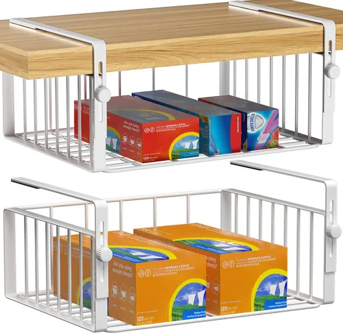Vista 7 de AmonHouseware Paquete de 2 Organizadores de Canasta Bajo Estante, Soporte Colgante Ajustable de Almacenamiento para Gabinete Despensa Cocina Alacena