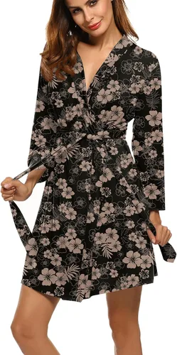 Vista 7 de HOTOUCH - Bata ligera de punto corta para mujer, bata de baño suave con bolsillos, ropa de dormir para damas