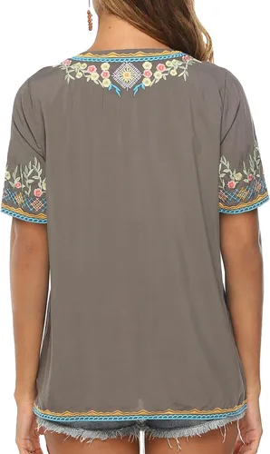 Vista 3 de AK Blusa casual de verano con cuello en V para mujer, estilo bohemio, bordado, mexicano, campesino, de manga corta, blusa casual suelta