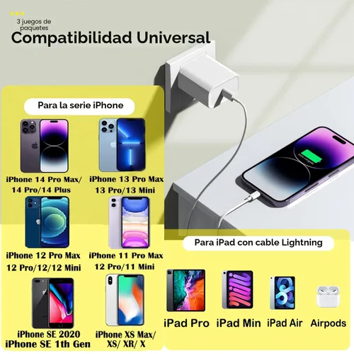 Vista 4 de Cargador rápido para iPhone, cable de carga de teléfono, paquete de 3 cargadores de iPhone de carga rápida de 6 pies, adaptador de carga USB C de 6