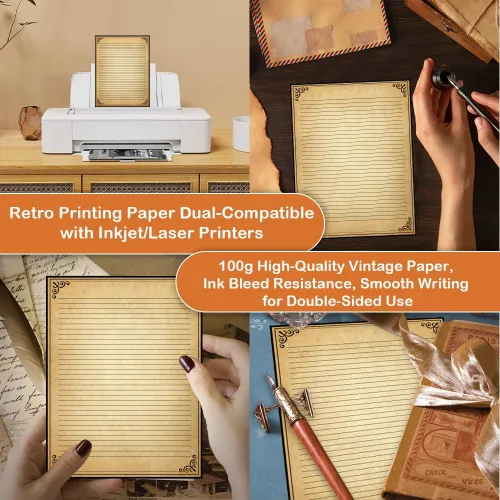 Vista 4 de Papel rayado vintage con diseño de borde antiguo, 50 hojas, papel de papelería para escribir cartas, 100 gsm, 11 x 8.5 pulgadas, papelería