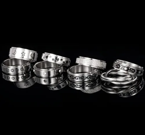 Vista 7 de KELAIEN 8 anillos de acero inoxidable para mujeres y hombres, anillos giratorios para ansiedad, anillos giratorios, flores, luna, estrella, sol
