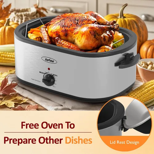 Vista 3 de Sunvivi Horno asador eléctrico con tapa visible, horno asador de pavo de 24 cuartos de galón con sartén y estante extraíbles, acero inoxidable