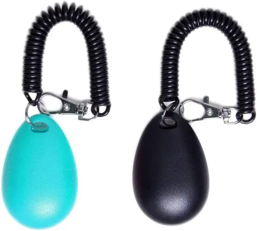 Vista 2 de Clicker de entrenamiento para perros con correa para la muñeca, duradero, ligero, fácil de usar, paquete de 2 (negro+azul nuevo)
