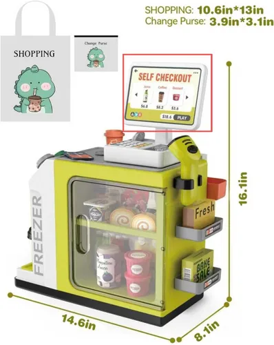 Vista 6 de Juego de caja registradora para niños – 48 piezas de dinero de simulación, calculadora, escáner, tarjeta de crédito y comida de juego para niños