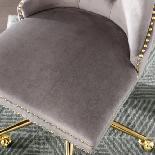 Vista 8 de Polibi Silla de oficina giratoria, silla tapizada de terciopelo sin brazos con base de metal dorado, silla de escritorio ajustable, botón