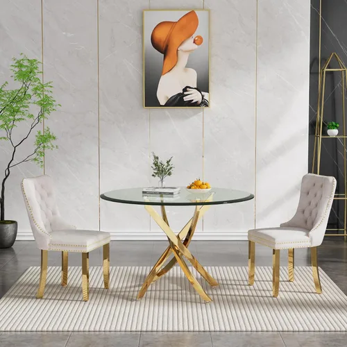 Vista 39 de Juego de mesa de comedor SSLine moderno de 3 piezas con mesa redonda de vidrio para 2, lujosa mesa de comedor circular de 36" con tapa de vidrio