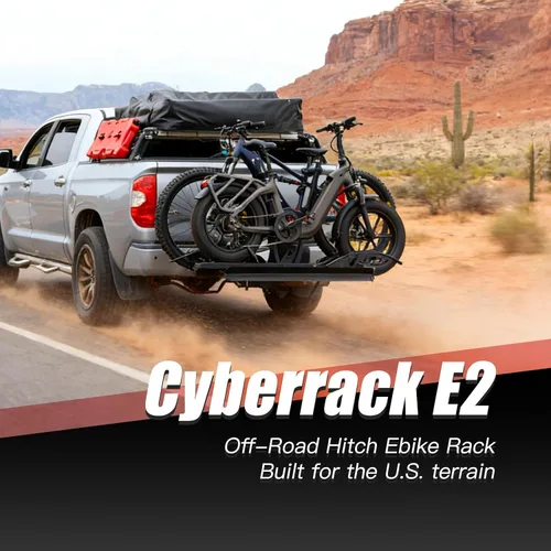 Vista 9 de CyberRack E2 - Portabicicletas eléctricas con rampa para 2 bicicletas, capacidad de 200 libras, soporte de plataforma plegable para automóviles