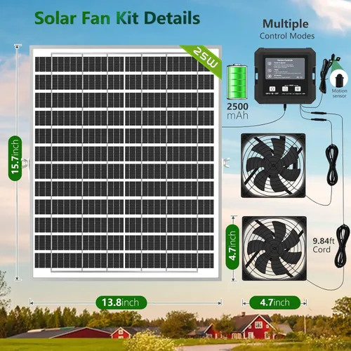 Vista 7 de Ventilador solar de 25W para gallinero con batería, controlador Negro