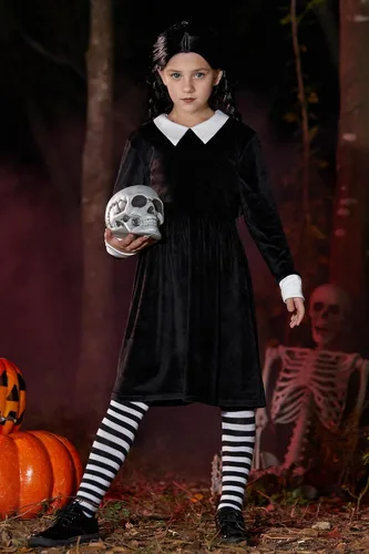 Vista 4 de BesserBay Halloween - Vestido de terciopelo negro con cuello Peter Pan para niñas de 4 a 14 años