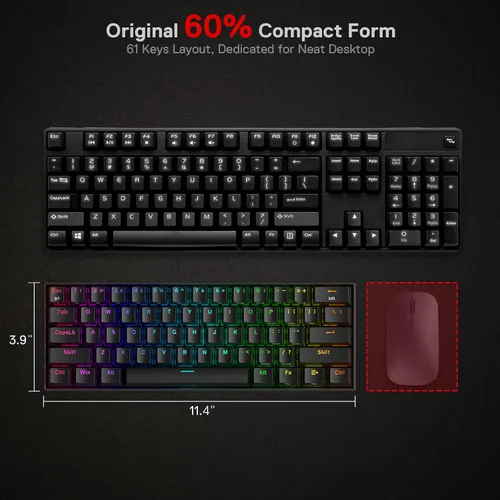 Vista 5 de Redragon K530 Pro Draconic - Teclado mecánico RGB 60% inalámbrico, Bluetooth2.4Ghzcable 3 modos 61 teclas teclado compacto para juegos con enchufe