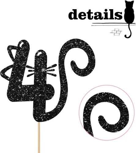 Vista 2 de Decoración para tartas de gato de cuatro años, decoración de pastel número 4 para bebé, suministros de fiesta de cumpleaños de gatito, decoración