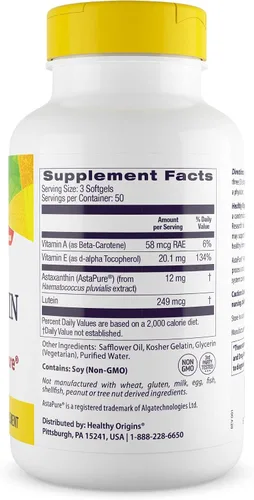 Vista 2 de Healthy Origins Astaxanthin (AstaPure) 0.000141 oz, 150 softgels