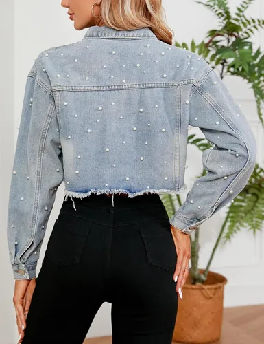 Vista 6 de Ladyful Chaqueta vaquera con solapa para mujer, manga 34, con botones y botones