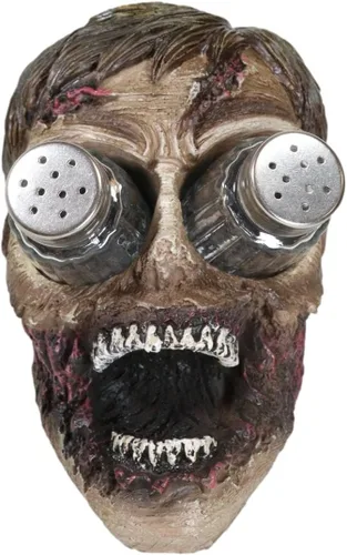 Vista 2 de Ebros Walking Undead Gory - Juego de figuras de cabeza de zombi sin ojos y salero y pimentero con pompones de cristal, estatua decorativa de miedo