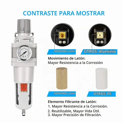 Vista 5 de NANPU 1" NPT Filtro de aire comprimido regulador combinado tipo piggyback, elemento de latón de 5 micrones, cuenco de policarbonato, desagüe