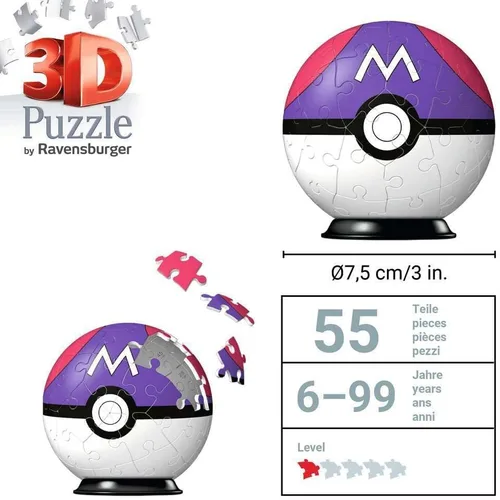Vista 5 de Ravensburger Rompecabezas 3D 11564 - Bola de rompecabezas Pokémon Pokéballs - Master Ball - [ES] Master Ball - 54 piezas - para fanáticos de Pokémon