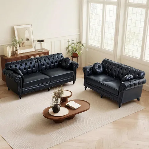 Vista 11 de ORRD Sofá de 2 piezas para sala de estar, silla moderna de piel sintética con respaldo alto, sofá biplaza con botón acolchonado, ribete de cabeza