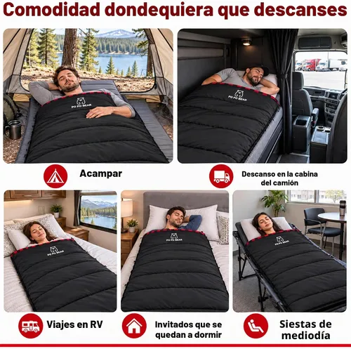 Vista 8 de PO PO BEAR 0 Degree Sleeping Bag for Adults, 84" x 40" Big & Tall Cold Weather Sleeping Bag with Soft Flannel Lining Negro