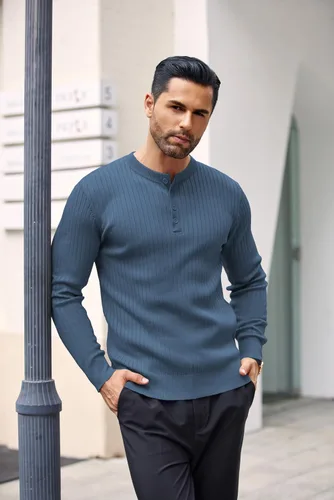 Vista 10 de COOFANDY Suéter de punto Henley para hombre, manga larga, con botones, ligero, para otoño, ajustado, acanalado
