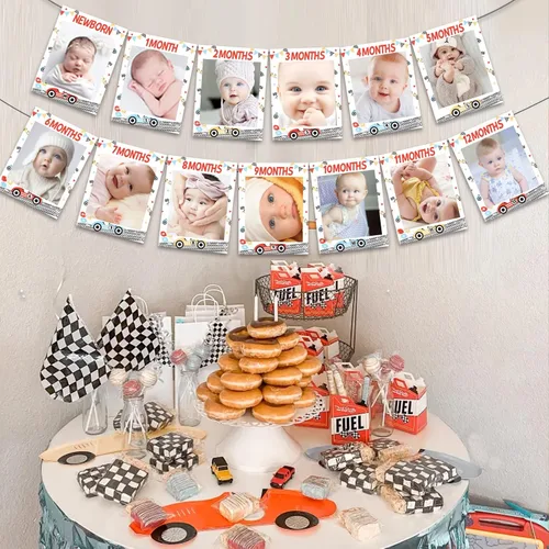 Vista 4 de Decoración de fiesta de primer cumpleaños de coche de carreras, pancarta de fotos Fast One Photo Banner con temática de carreras para el primer