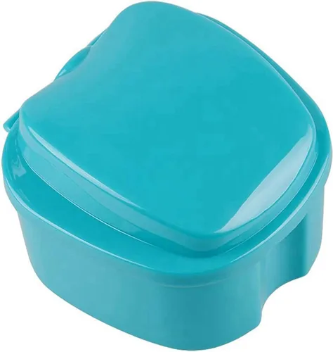 Vista 3 de 3 cajas azules para dentaduras postizas, taza de dentadura con colador, caja de almacenamiento de dientes falsos con soporte para contenedores de red