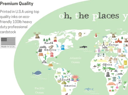 Vista 7 de Mapa del mundo para niños (11 x 14) verde – Mapa educativo del mundo para niños con animales y lugares de interés, decoración de pared de guardería