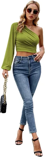 Vista 6 de LYANER Blusa corta de manga larga con un hombro fruncido para mujer