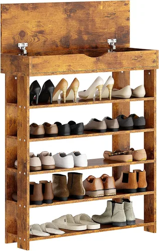 Vista 9 de SogesPower Zapatero de pie de 5 niveles de madera, organizador de zapatos de 29.5 pulgadas con estante de almacenamiento de zapatos con tapa