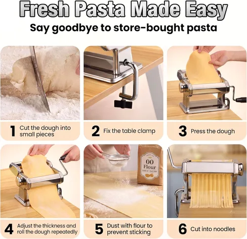 Vista 7 de Sailnovo Máquina para hacer pasta, máquina para hacer pasta de rodillo 180, 9 ajustes de grosor ajustables, máquina de fideos 2 en 1 con rodillos
