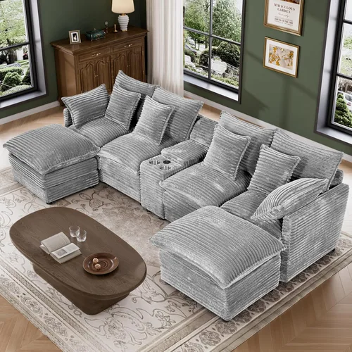 Vista 10 de Sofá de nube de 110 pulgadas en forma de U de gran tamaño gris claro para sala de estar, sofá modular modular con otomana y doble Coushion